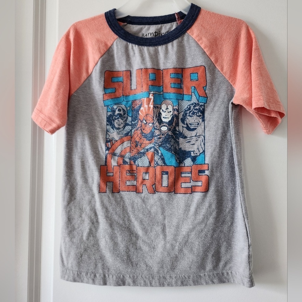 Kids sz 5 Marvel Super Heroes Raglan T Shirt Gray Orange Avengers Comic Retro